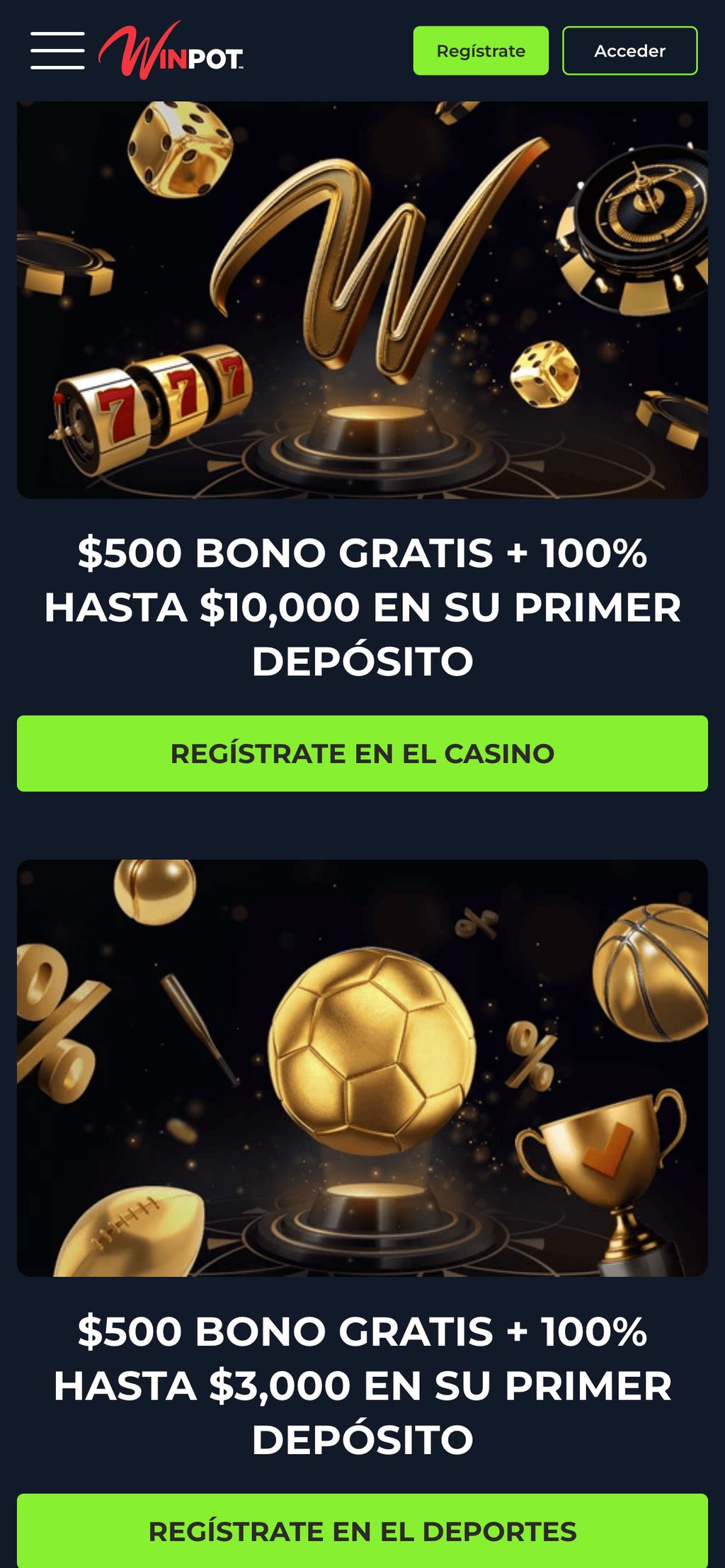 La página principal de Winpot.mx te da la bienvenida con bonos de bienvenida.
