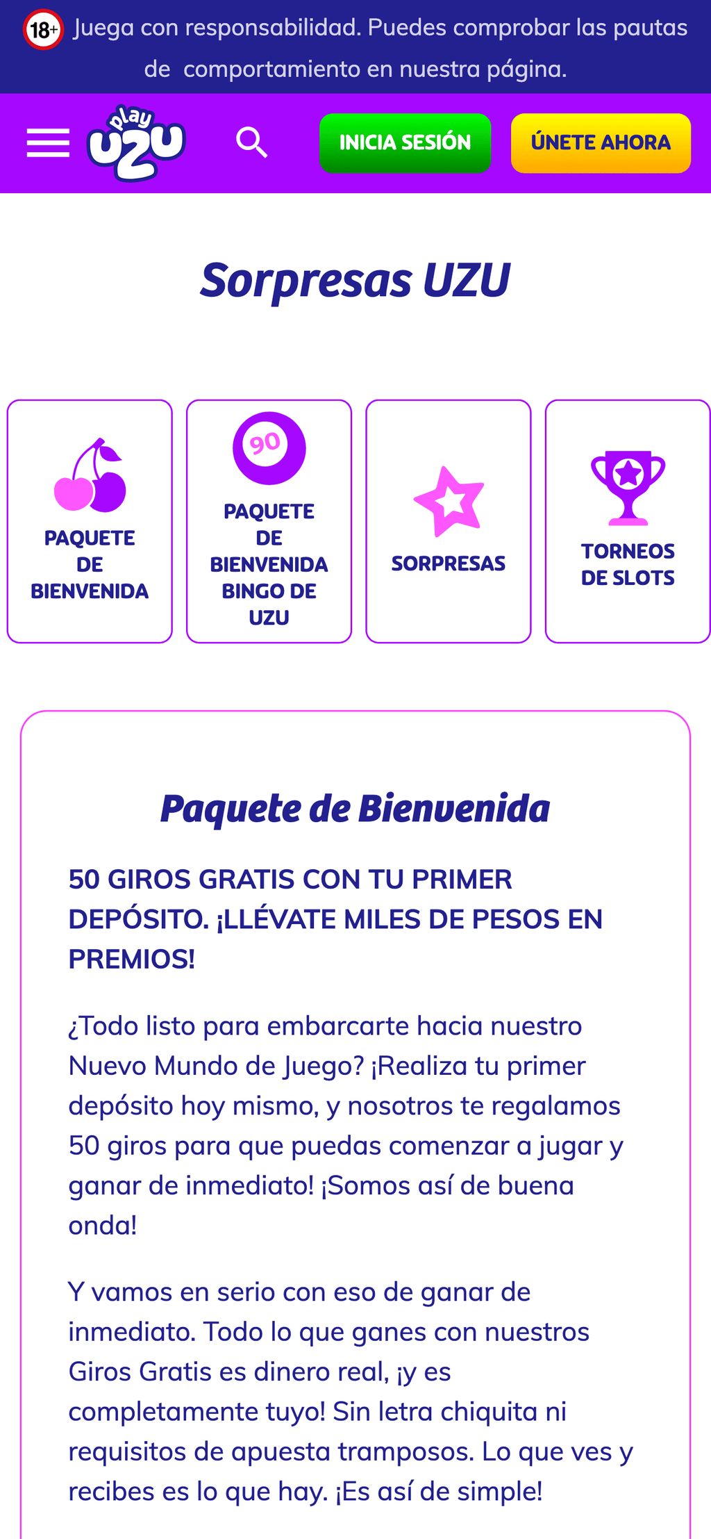 Página del bono de bienvenida en PlauUZU