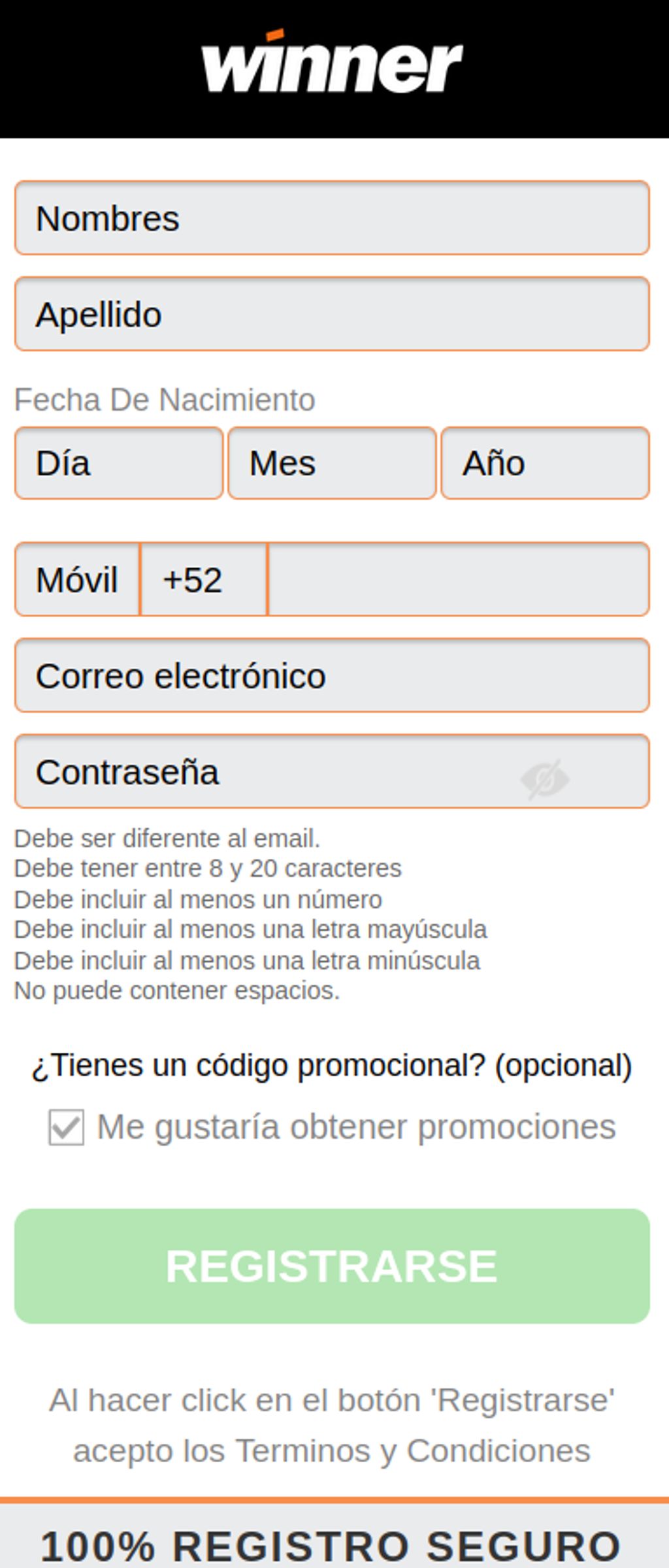 Formulario de registro en Winner México con el campo de código promocional