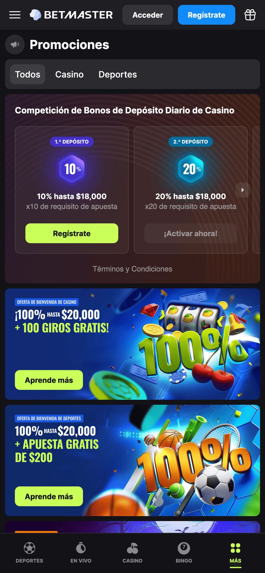 Sección con bonificaciones para los jugadores
