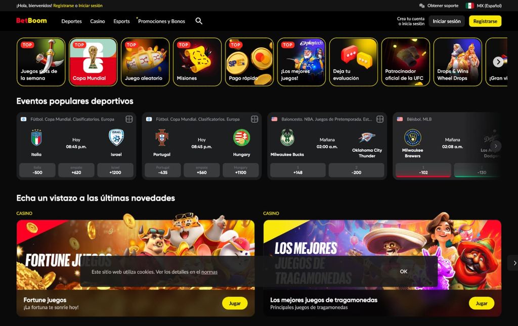 La plataforma de BetBoom destaca por su diseño moderno y su enfoque en eSports. Ofrece un bono de bienvenida de hasta $20,075 MXN y mercados dinámicos.