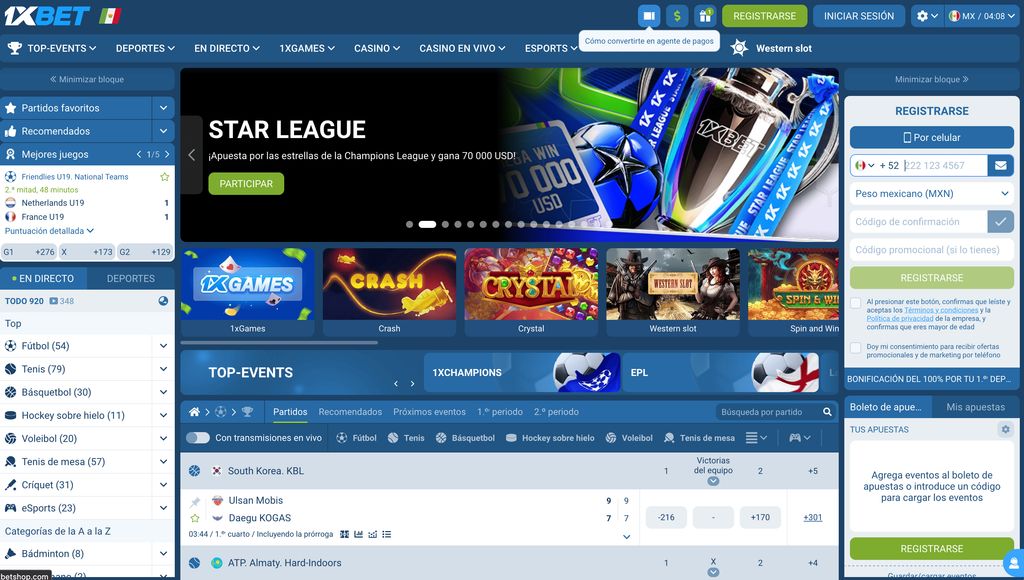 Página principal del sitio web 1xbet.mx