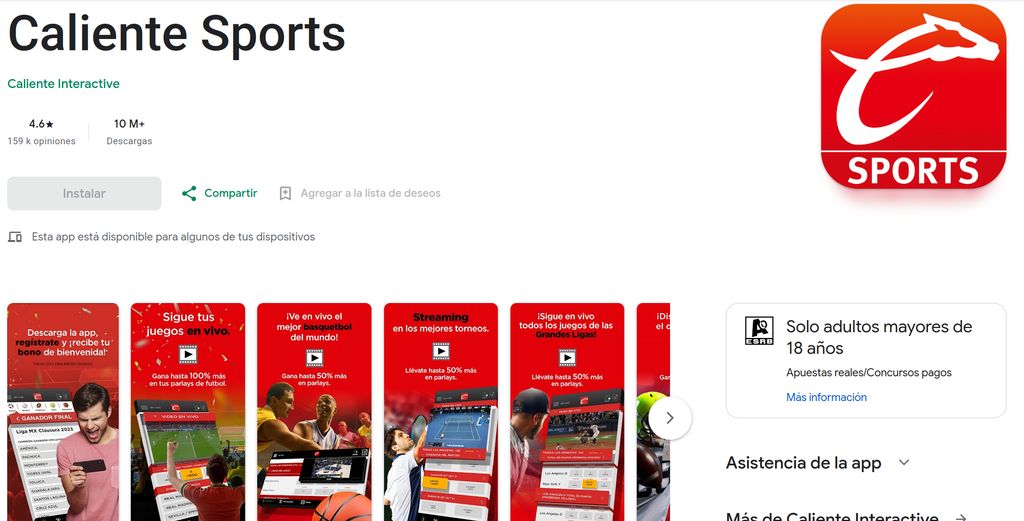 La app de Caliente Sports en la Google Play Store