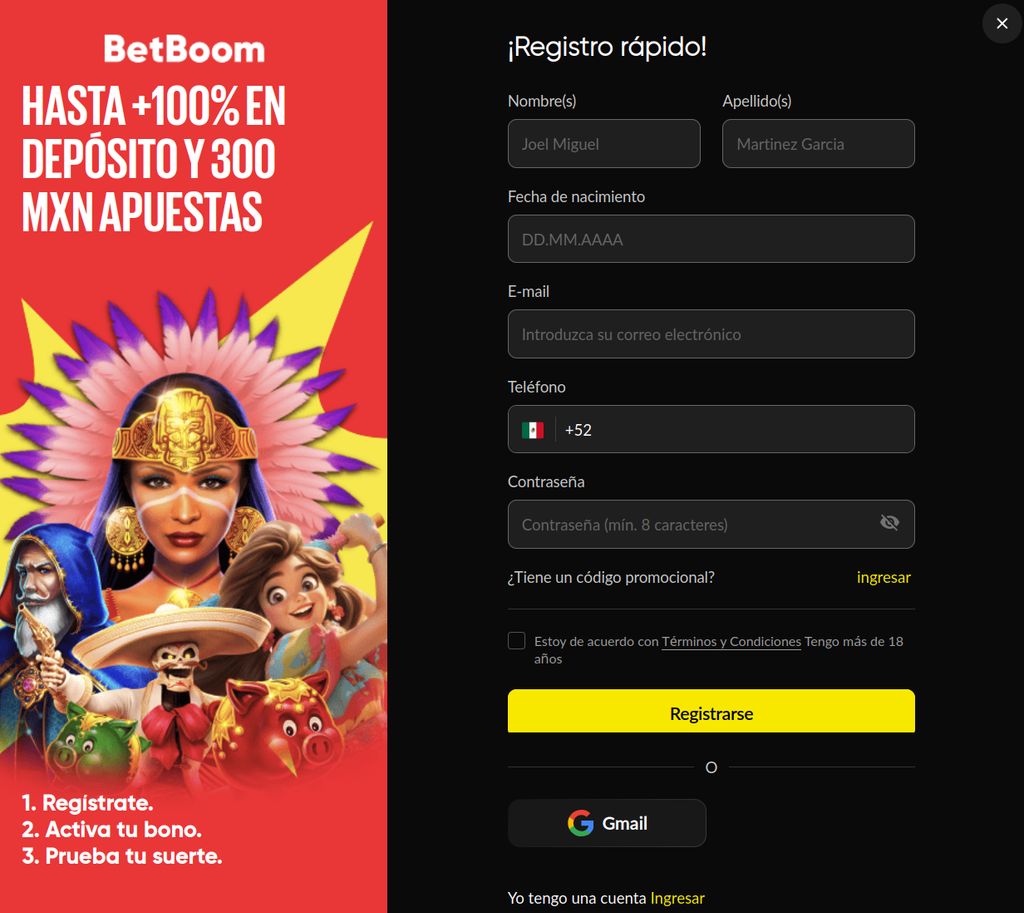 Formulario de registro en BetBoom con el campo de código promocional