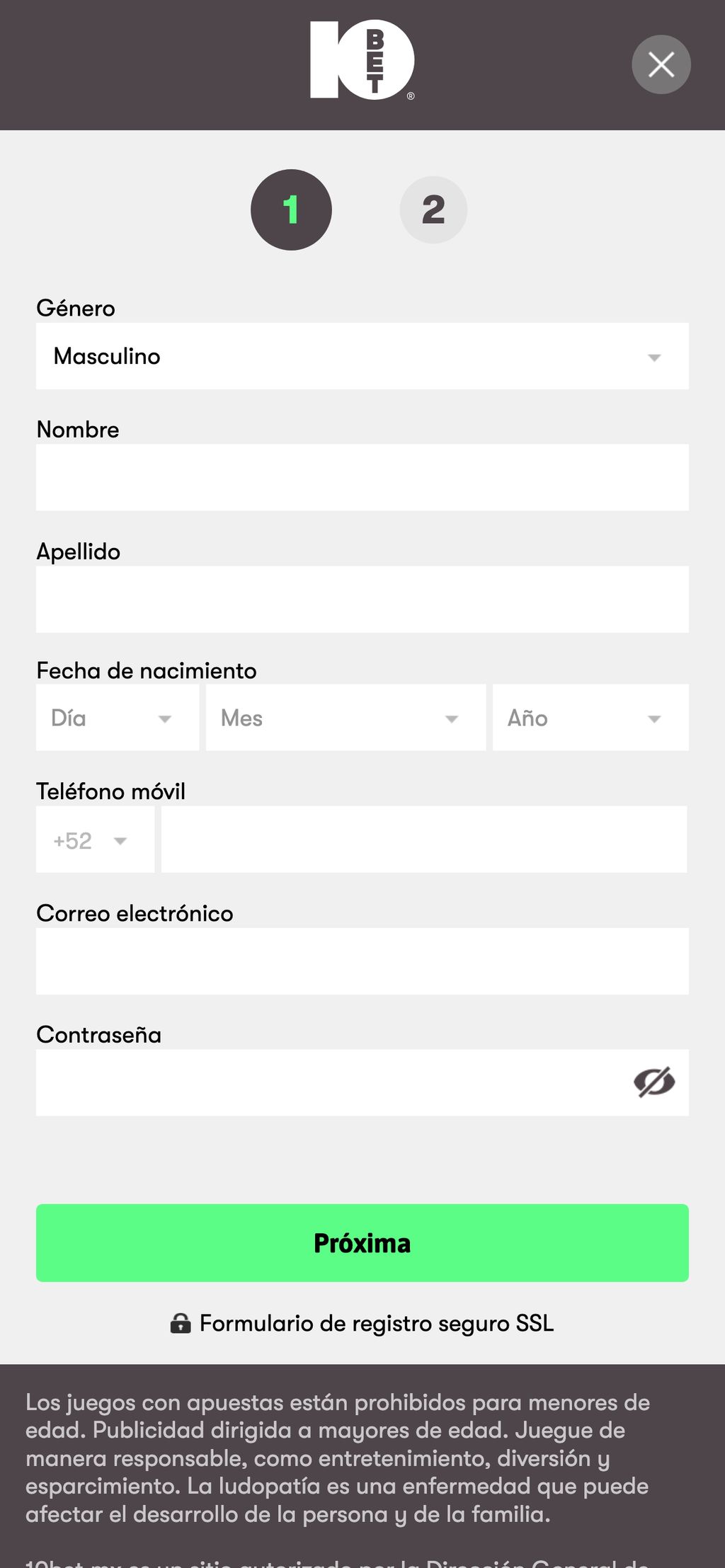 Registro en el sitio web 10bet