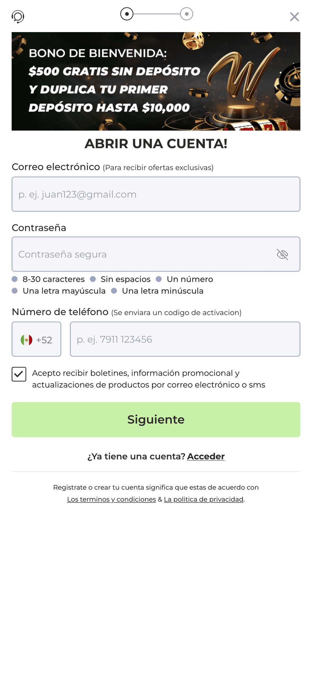 Todos los nuevos usuarios recibirán un bono de $500 tras registrarse.