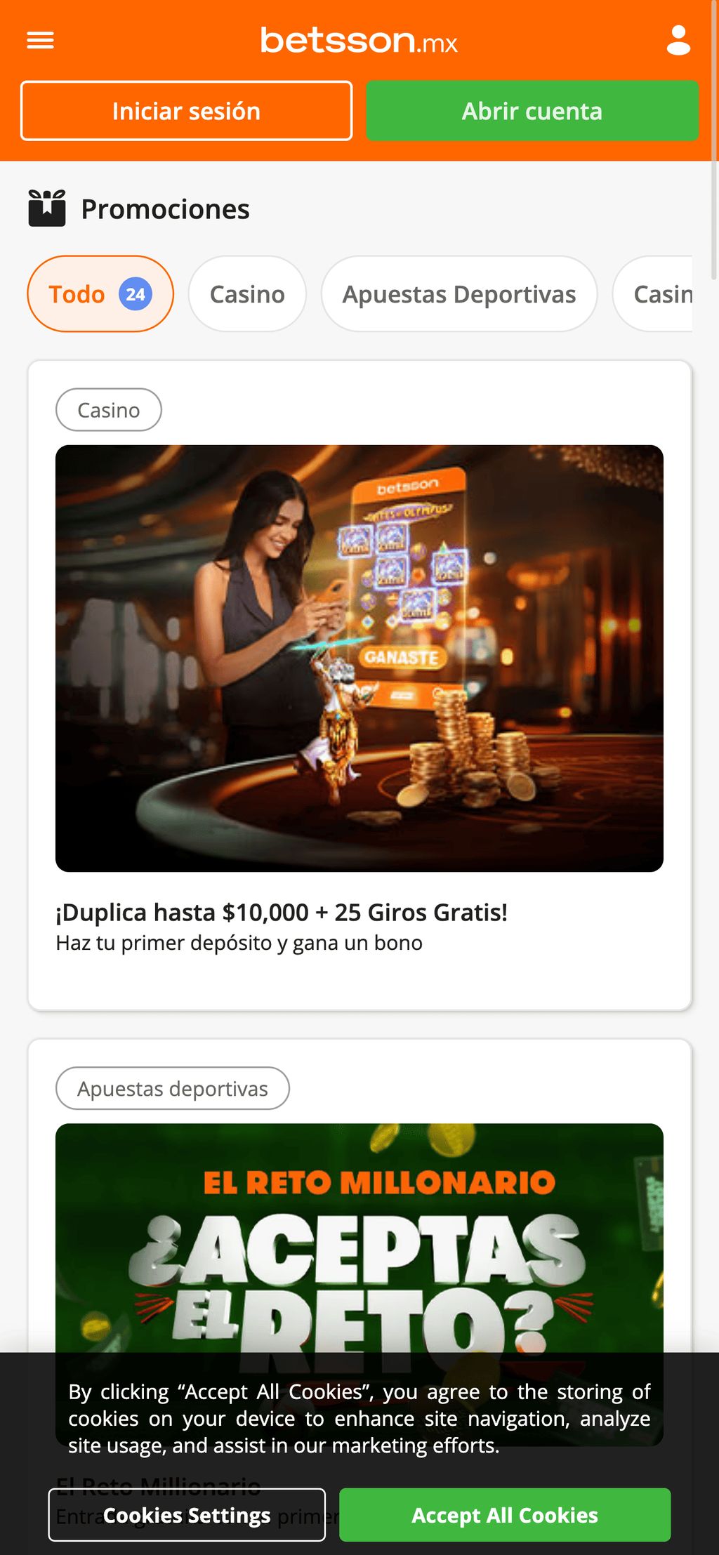 Página con promociones de Betsson