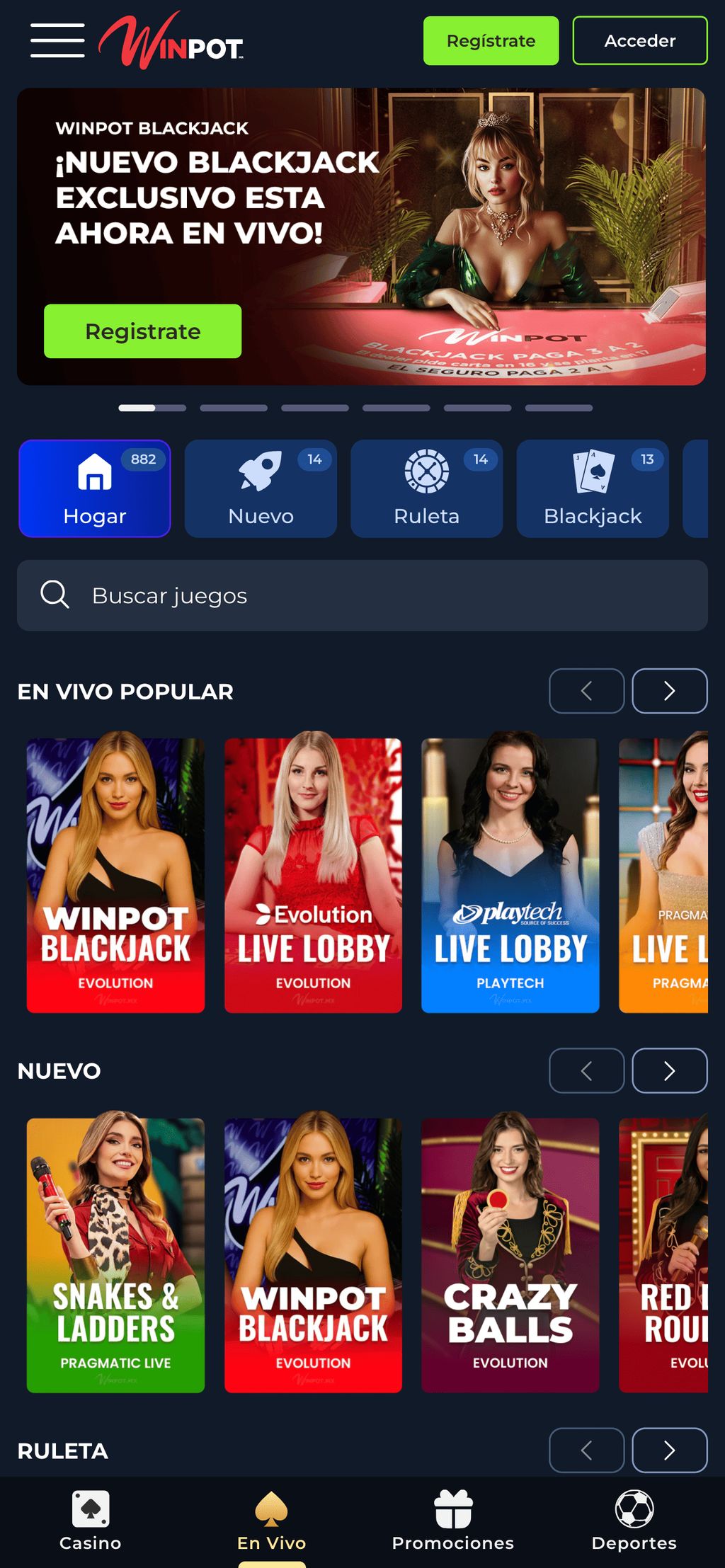 Juegos de mesa en la sección de casino de Winpot