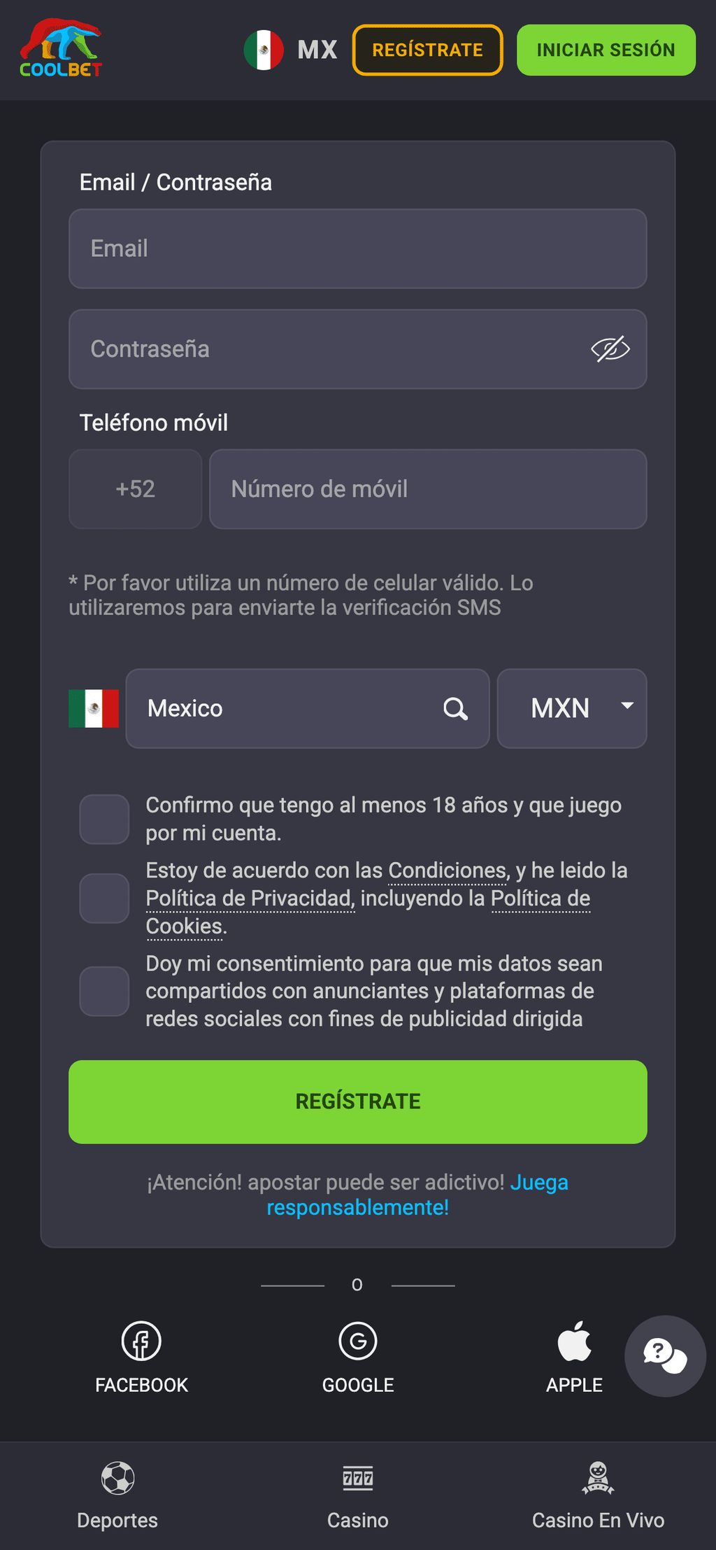 Registro en Coolbet