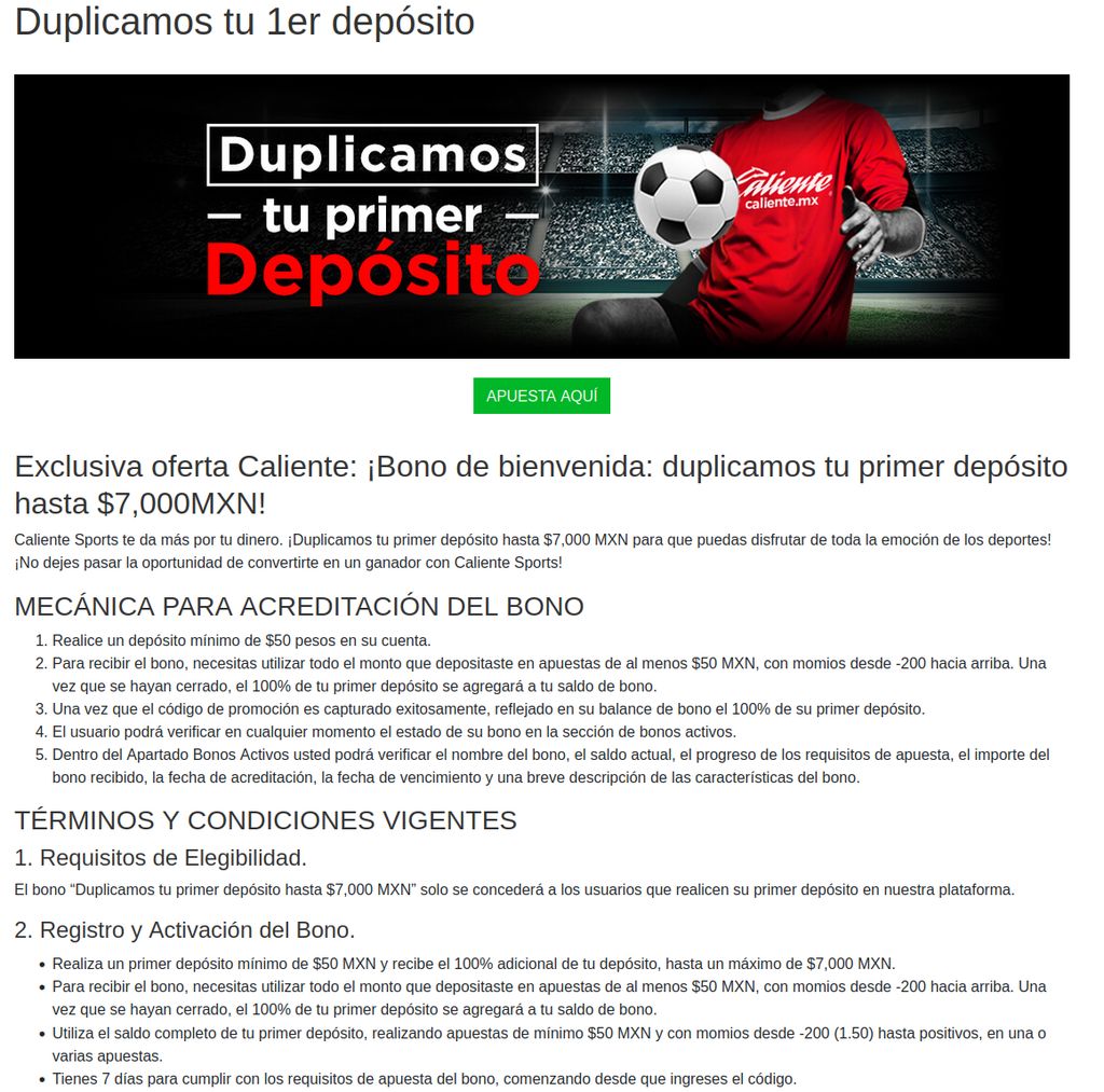 Duplicamos tu primer depósito hasta $7,000 MXN en Caliente