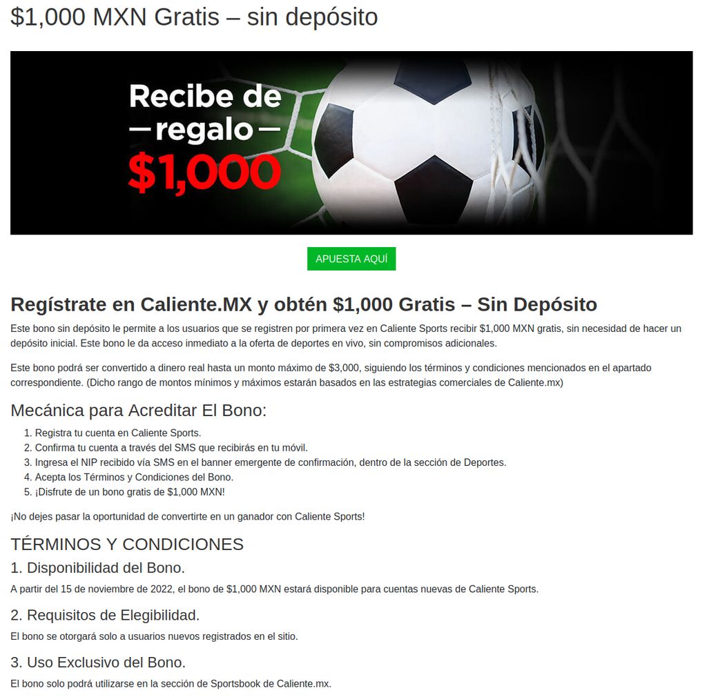 Bono de bienvenida sin depósito de $1,000 MXN en Caliente Sports
