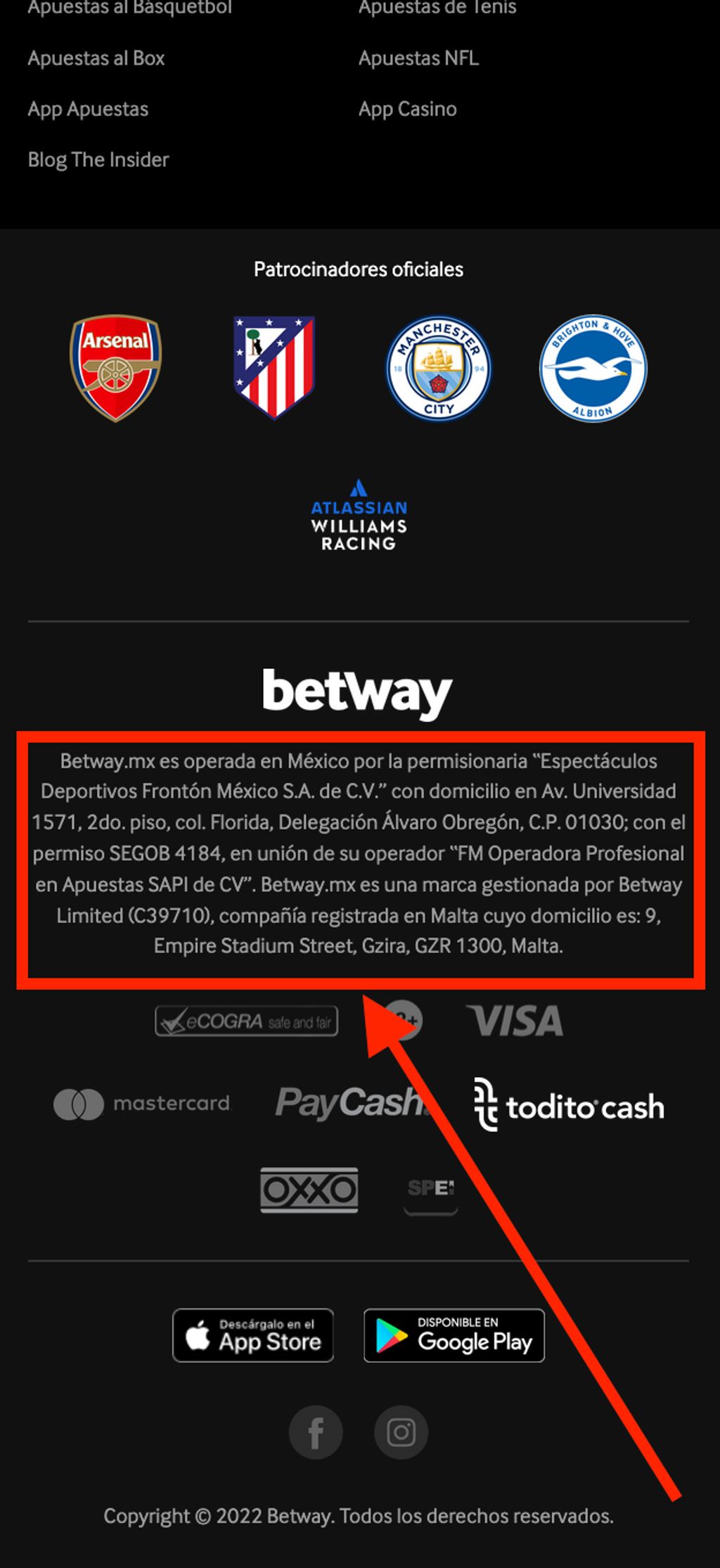 La información sobre la licencia de BetWay se encuentra en el pie de página.