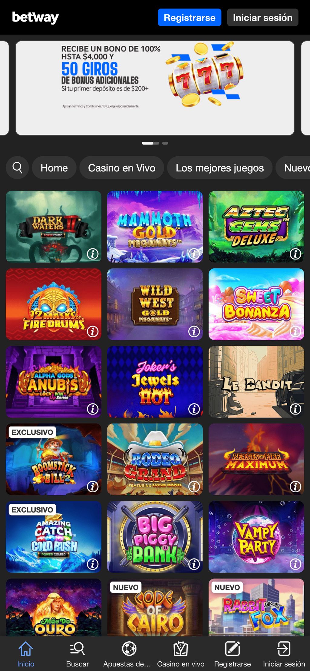 Selección de tragamonedas en el casino BetWay