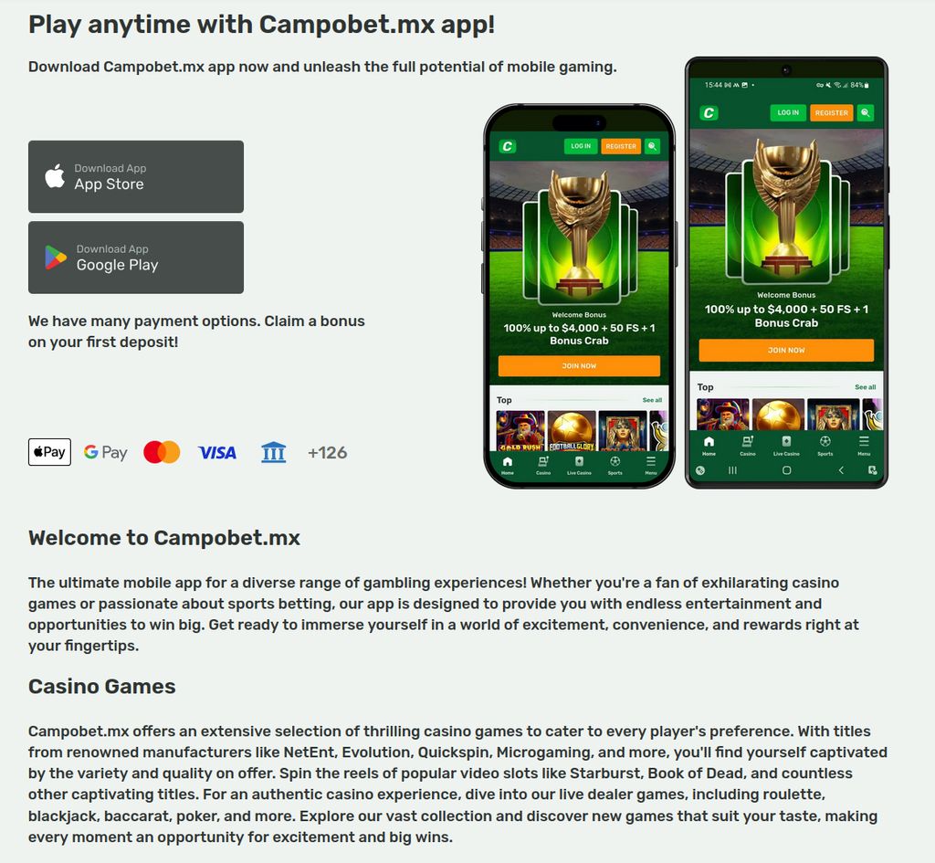 Página de descarga de la Campobet app con enlaces a App Store y Google Play
