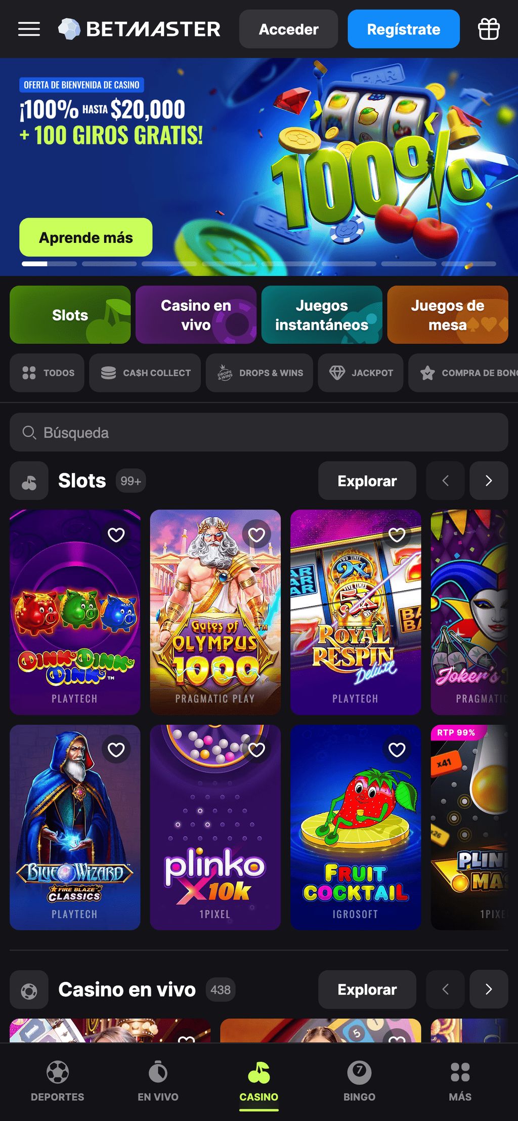 Casino y tragamonedas en BetMaster