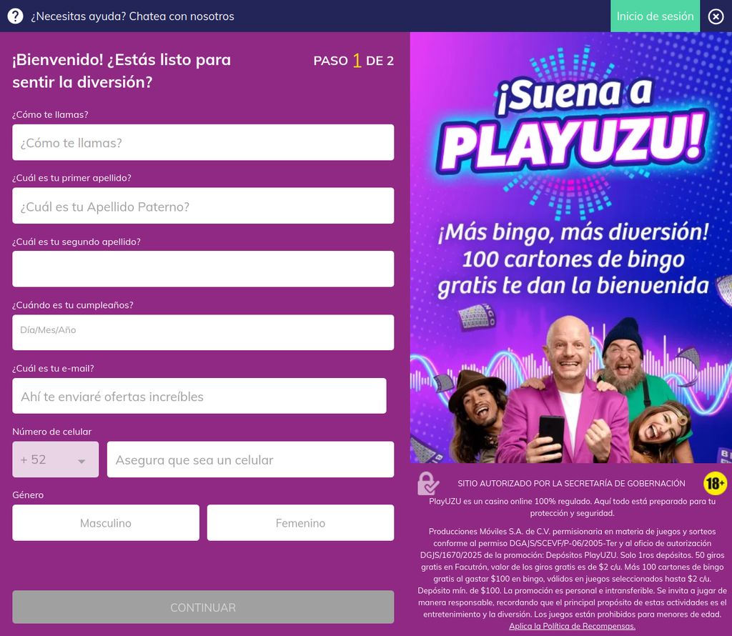 Formulario de registro en PlayUZU México con el bono de bienvenida activo