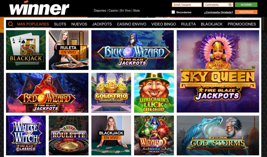 Lobby principal de Winner casino con los juegos más populares