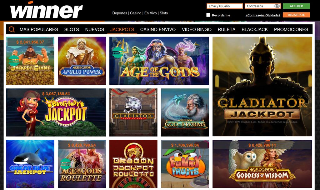 Jackpots progresivos en Winner casino con premios en tiempo real