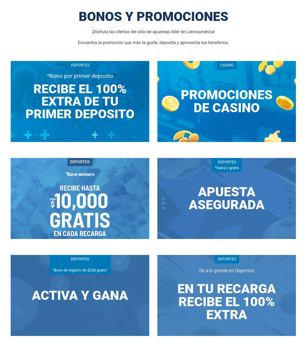 Sección de bonos y promociones disponibles en Betcris México