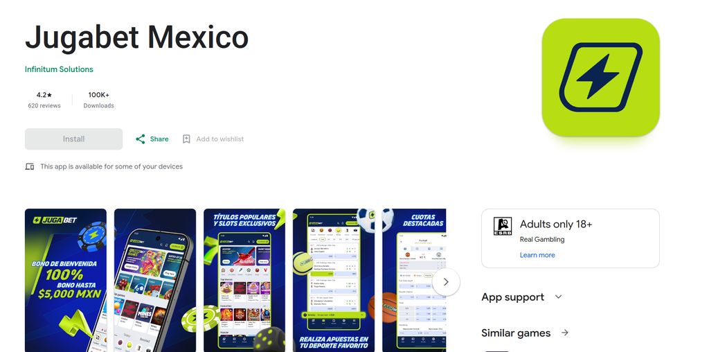Ficha de la Jugabet app en Google Play, con la calificación y el aviso para mayores de 18 años