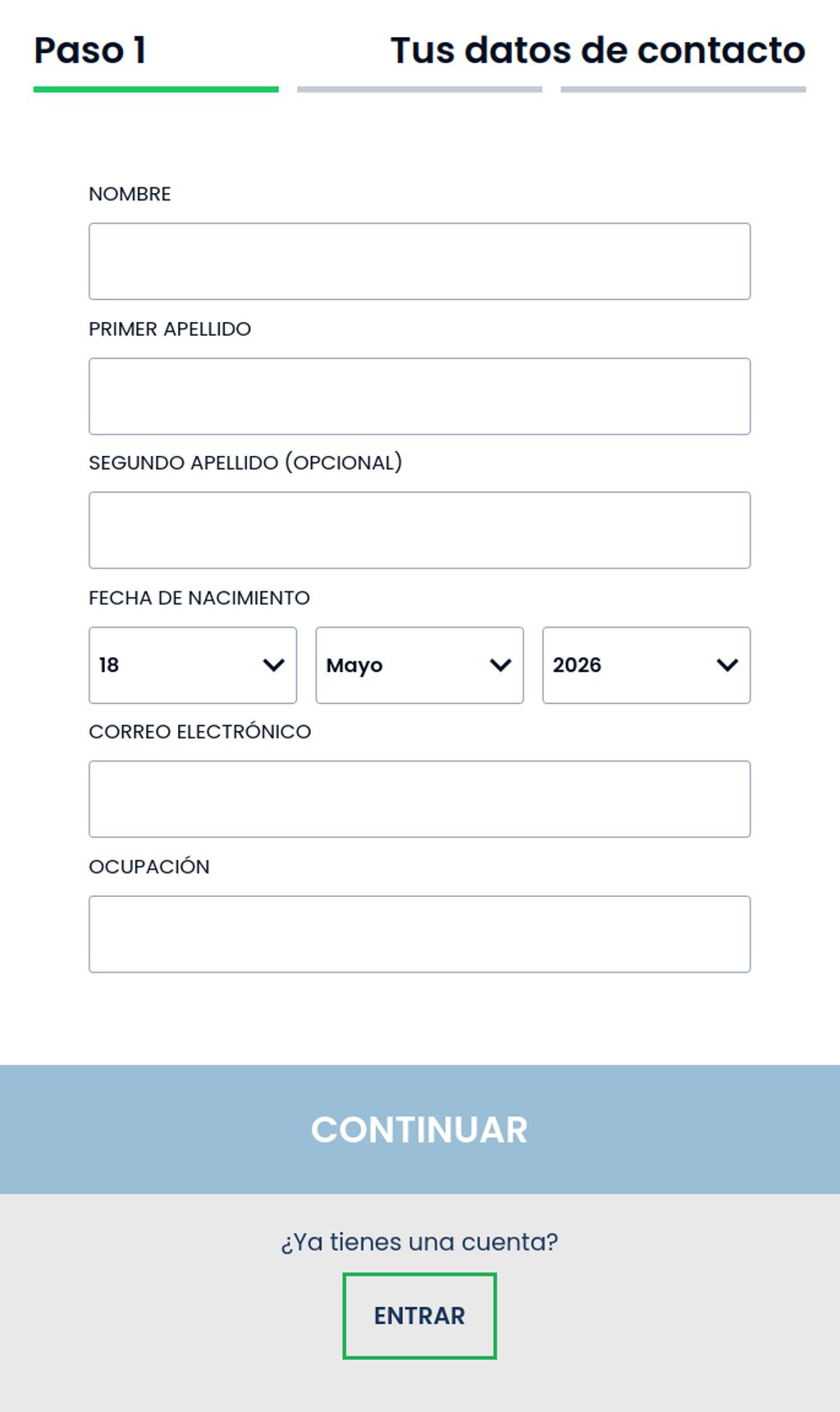 Formulario de registro en Betcris México — primer paso con datos de contacto