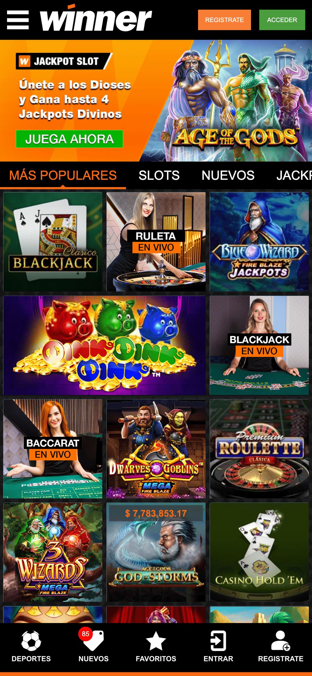 Selección de tragamonedas y juegos en winner.mx