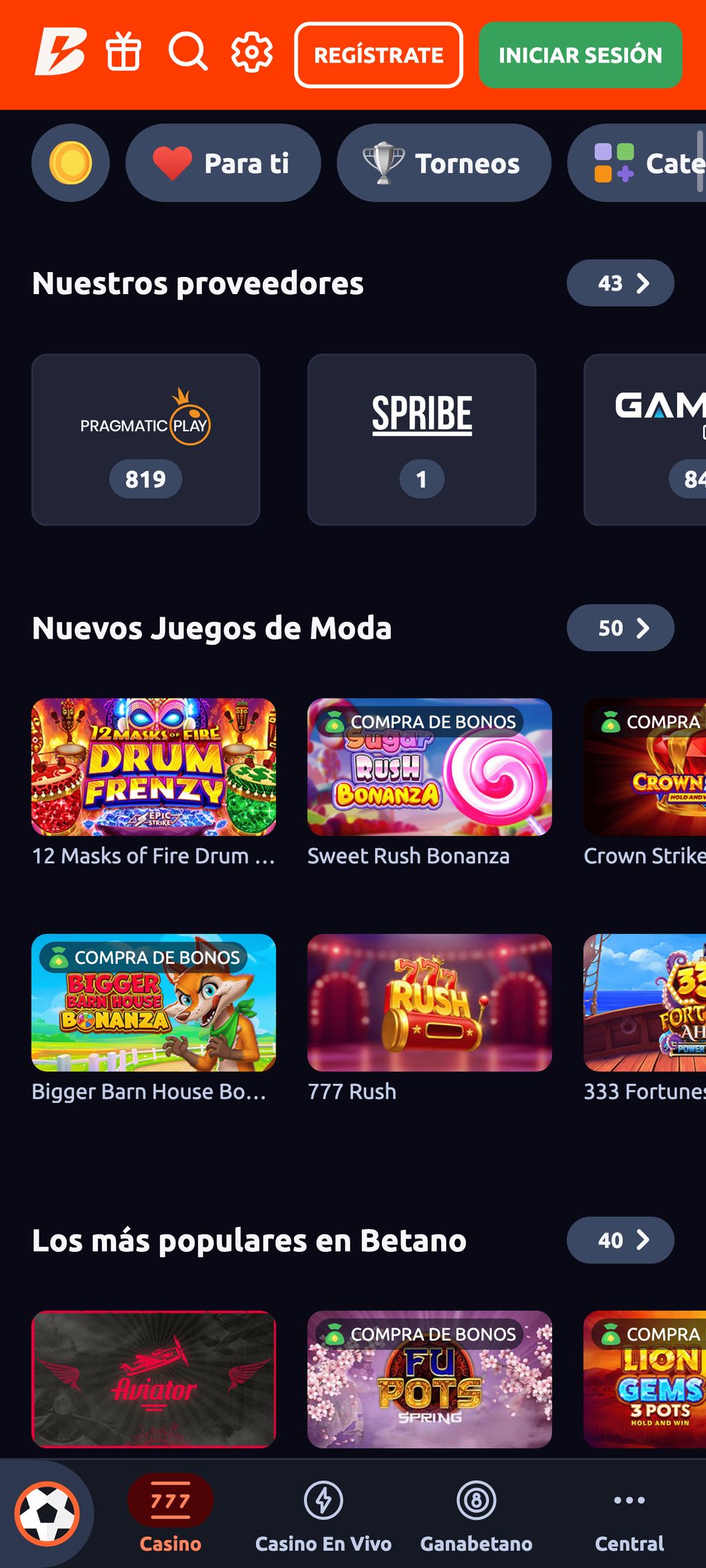 Sección de casino en línea Betano