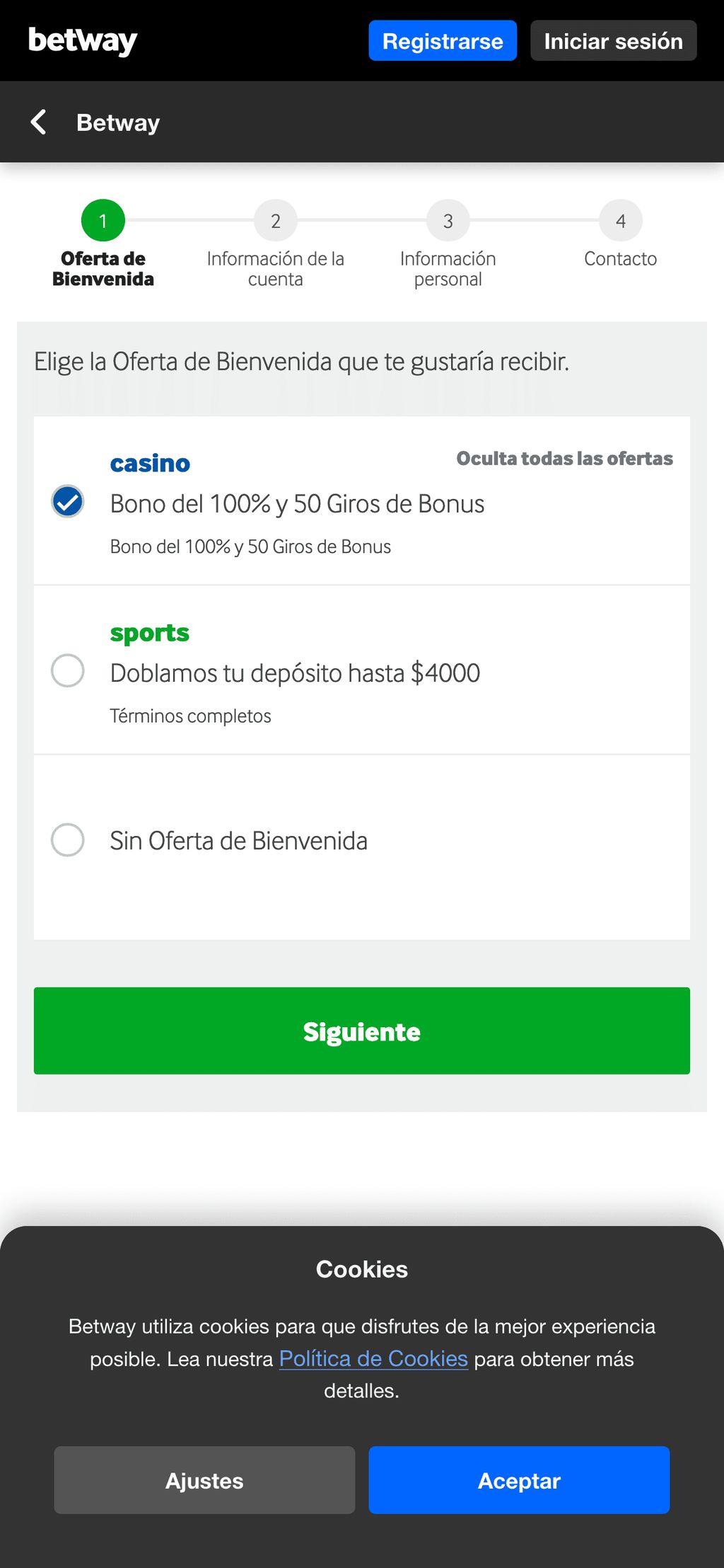 Al registrarte, puedes elegir entre dos bonos: uno para el casino o uno para las apuestas deportivas.