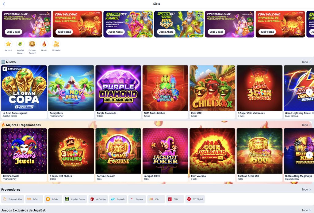 Tragamonedas, novedades y proveedores en Jugabet casino