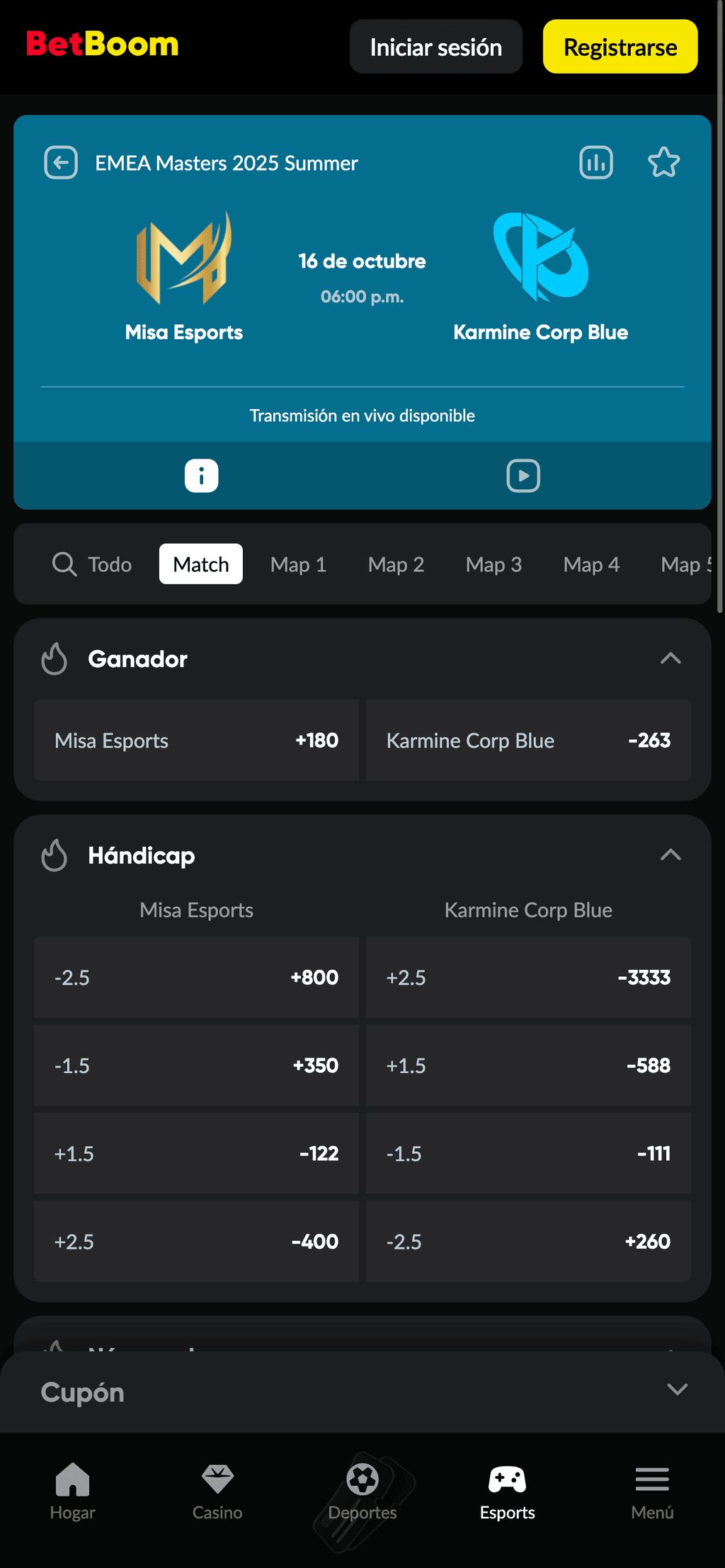 Sección de apuestas de eSports en BetBoom.mx
