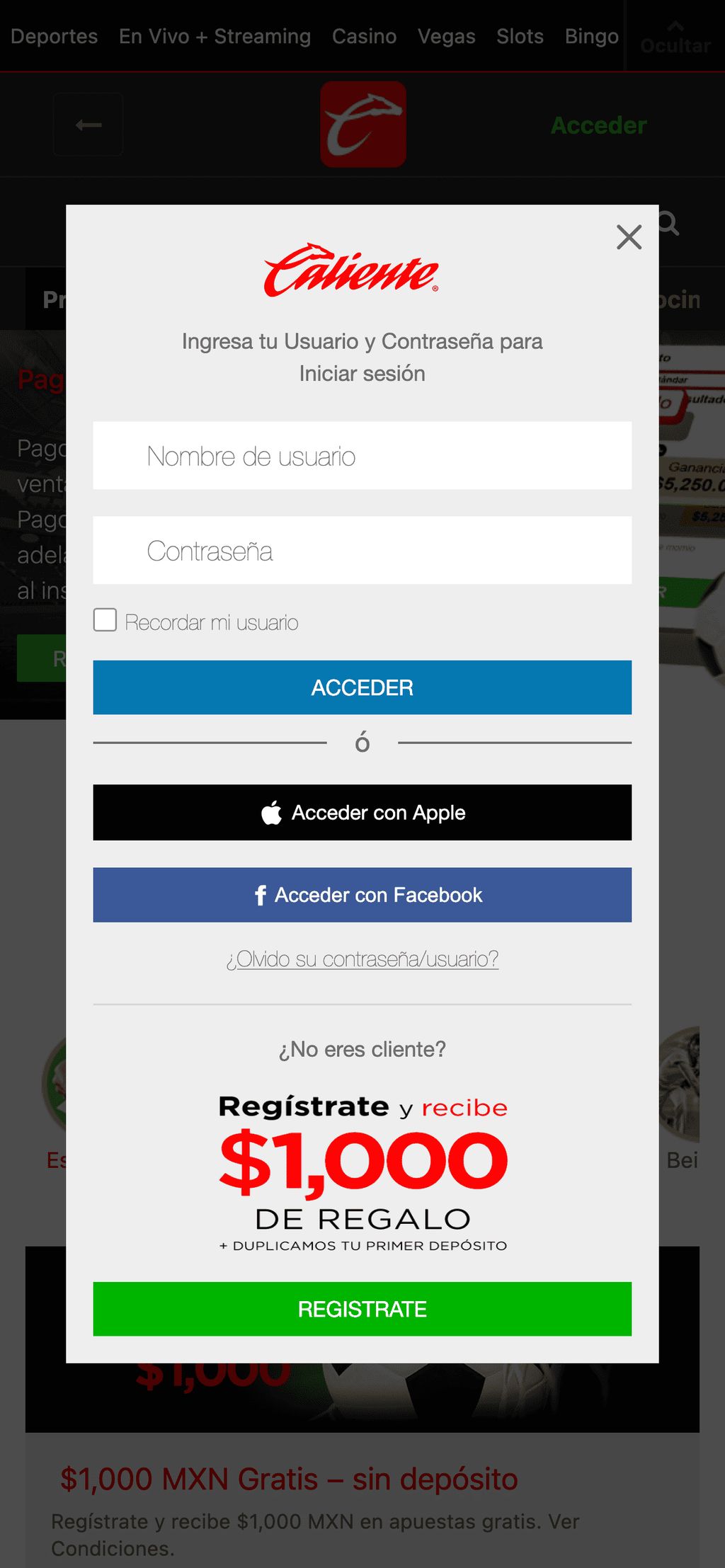 Bono de 1000 $ en Caliente para nuevos usuarios