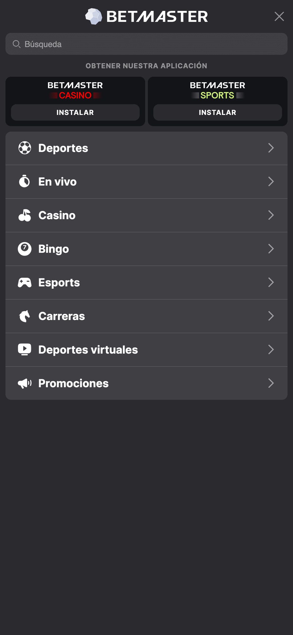 Secciones disponibles en BetMaster: apuestas deportivas, casino, bingo, esports, carreras