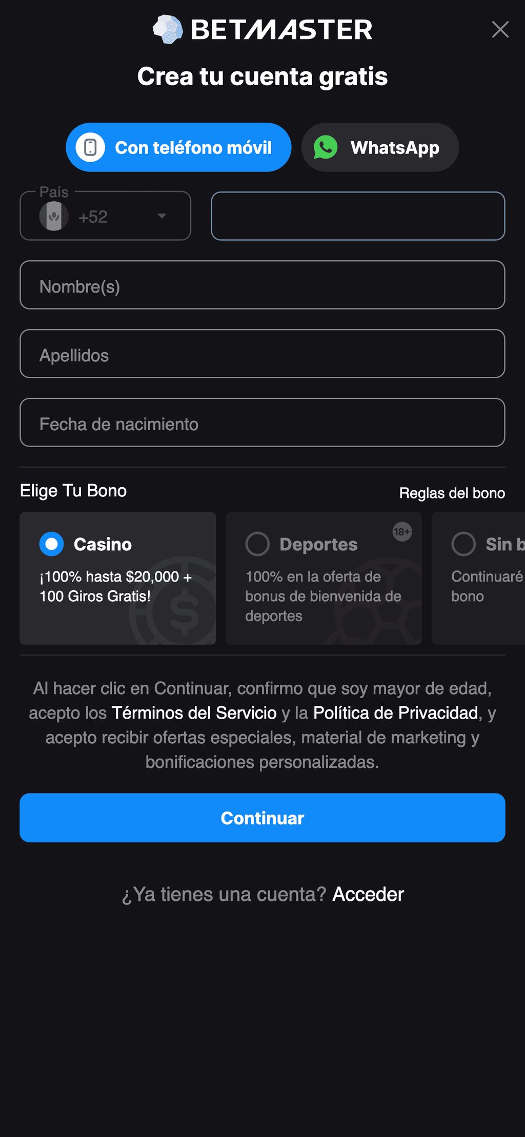 Al registrarte en BetMaster, tú mismo eliges el bono que más te convenga.